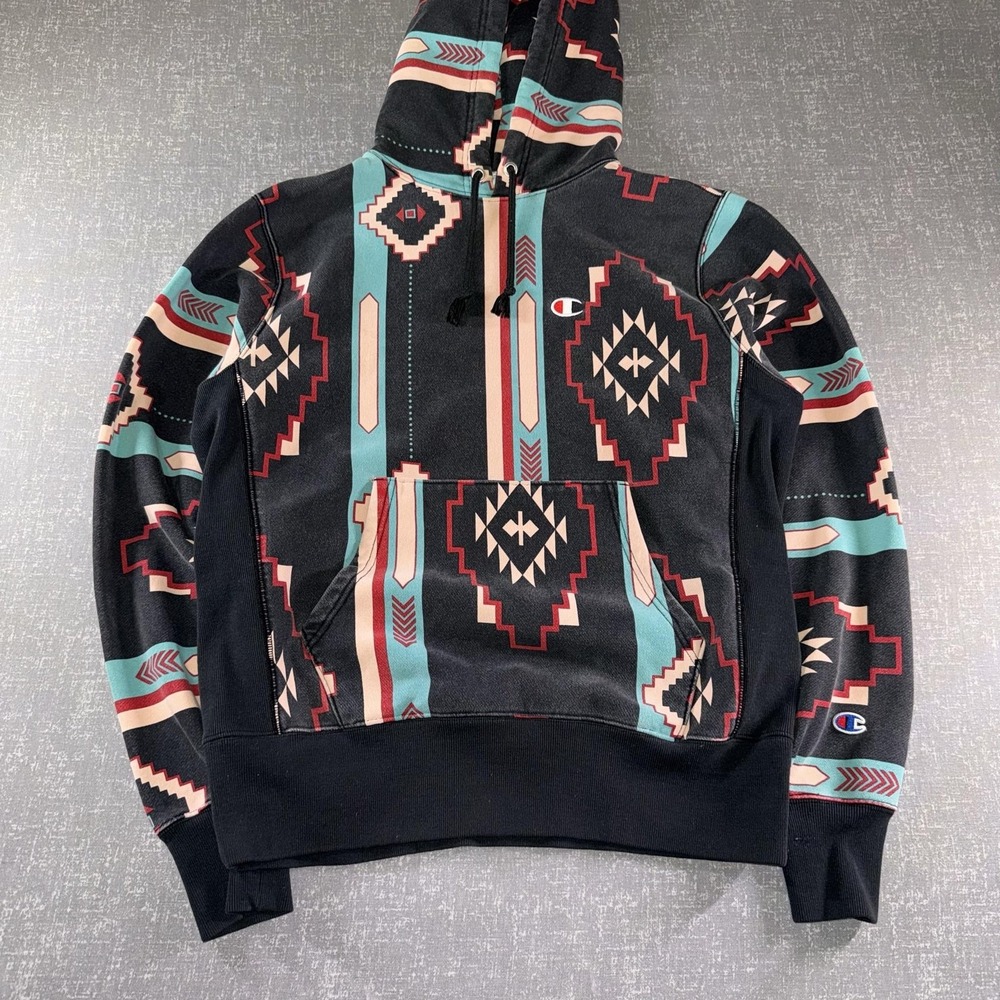 Champion Reverse Weave Hoodie Mens Medium Black Aztec Geometric Fleece Pullover - Picture 1 of 10